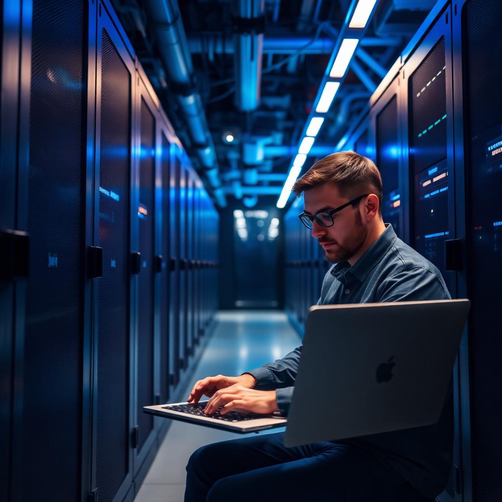 IT engineer working on a laptop inside an enterprise server room